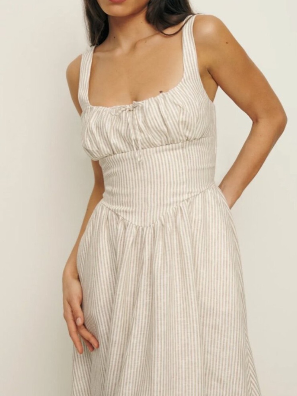 NWT Reformation Balia Linen Dress Striped Beige 10 - Picture 2 of 8